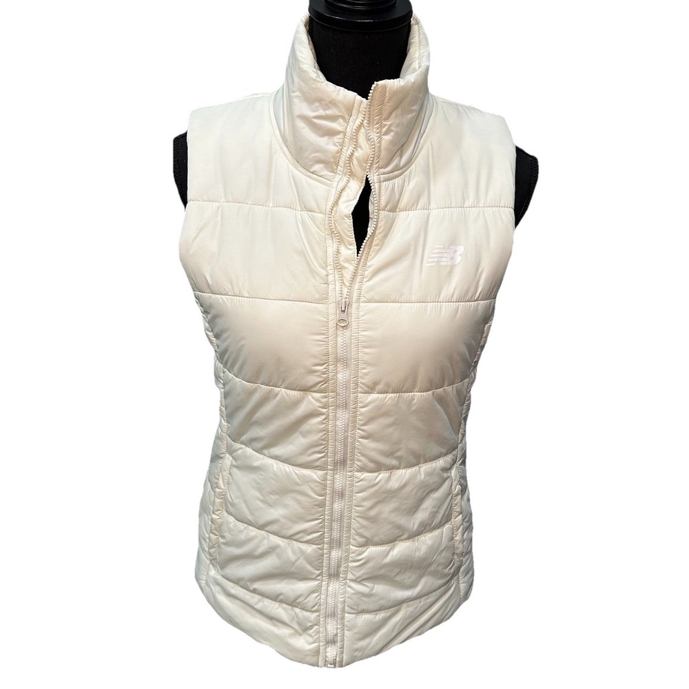 New Balance Logo Puffer Vest Women's Sz Small Ivory Full Zip Pockets Heat Warmth